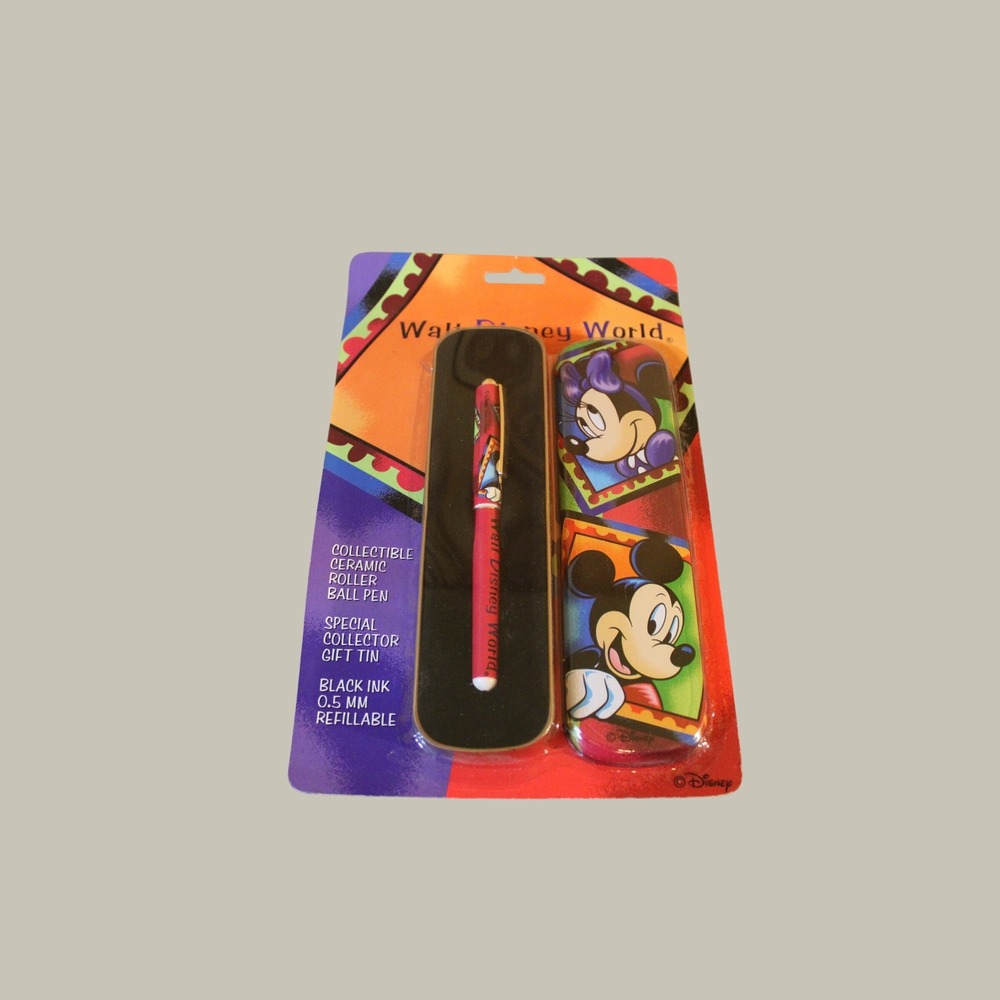 Walt Disney World Mickey Minnie Mouse Ceramic Roller Ball Pen Collector Tin New